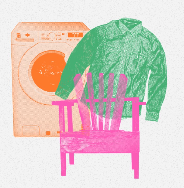 beeld van wasmachine, stoel en kledingstuk