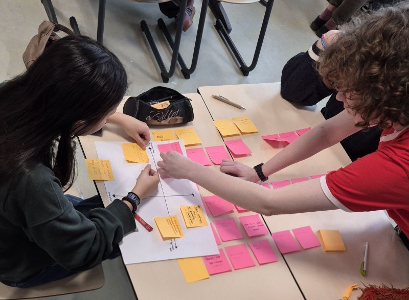 leerlingen plakken Post-its op canvas